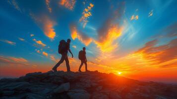 ai gegenereerd aftekenen wandelaars Bij zonsondergang Aan berg top foto