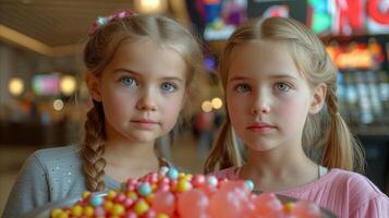 ai gegenereerd twee jong meisjes Holding een taart samen foto