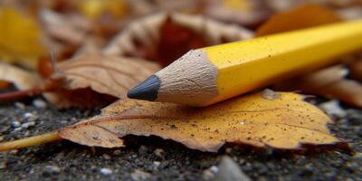 ai gegenereerd geel potlood resting Aan met blad bedekt grond foto