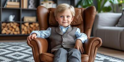 ai gegenereerd jong jongen gekleed in formeel kleding gezeten in een leer fauteuil binnenshuis foto