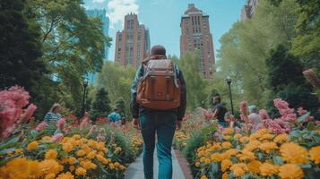 ai gegenereerd Mens met rugzak wandelen naar beneden trottoir foto