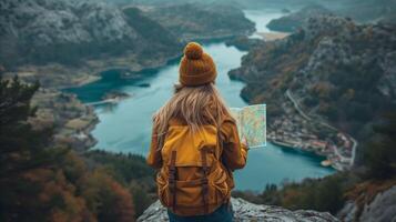 ai gegenereerd vrouw staand Aan berg Holding kaart foto