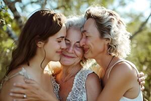 ai gegenereerd moeder, dochter, en grootmoeder liefhebbend omhelzing foto