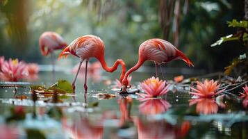 ai gegenereerd flamingo vogelstand jacht- een vis Bij een vijver is een boeiend en dynamisch tafereel foto