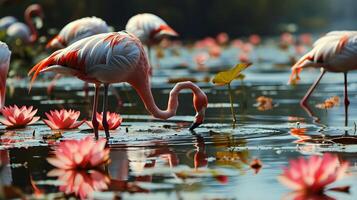 ai gegenereerd flamingo vogelstand jacht- een vis Bij een vijver is een boeiend en dynamisch tafereel foto