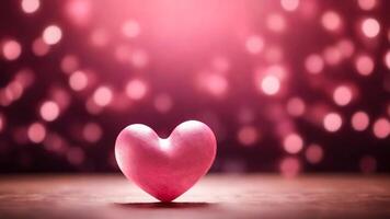 ai gegenereerd 3d roze hart Aan houten tafel, wazig achtergrond met onscherp bokeh lichten. Valentijnsdag dag groet kaart, liefde concept foto