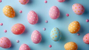 ai gegenereerd Pasen eieren feestelijk assortiment Aan blauw foto