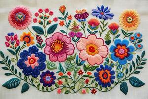 ai gegenereerd hand- geborduurd bloemen tapijtwerk ambachtelijk vakmanschap foto