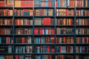 ai gegenereerd kleur gecoördineerd boekenplank in bibliotheek interieur foto