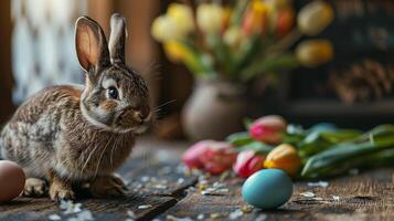ai gegenereerd Pasen konijn met eieren en tulpen foto