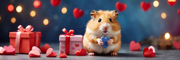 ai gegenereerd een schattig hamster met rood Valentijn harten in een romantisch Valentijnsdag dag decor. romantisch kaart, liefde. ai gegenereerd foto