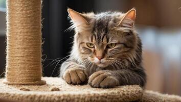 ai gegenereerd een huiselijk kat verscherpt haar klauwen Aan een krabben post in de interieur van de huis. bescherming van schade naar meubilair door een huisdier, opvoeding en behoeften. ai gegenereerd foto