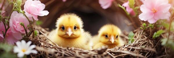 ai gegenereerd schattig pluizig geel kuikens in een voorjaar bloeiend nest van twijgen en bloemen in natuur. voorjaar kaart, voorjaar tijd, kinderen, jeugd. ai gegenereerd foto