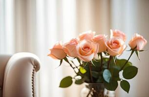 ai gegenereerd een boeket van thee rozen Aan de tafel in interieur slaapkamer of leven kamer. een geschenk voor uw geliefde, Valentijnsdag dag, verjaardag, datum. kopiëren ruimte. ai gegenereerd foto