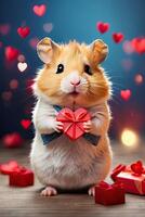 ai gegenereerd een schattig hamster met rood Valentijn harten in een romantisch Valentijnsdag dag decor. romantisch kaart, liefde. ai gegenereerd foto
