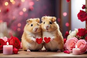 ai gegenereerd een schattig liefhebbend paar- van hamsters met rood Valentijn harten in een romantisch Valentijnsdag dag decor. romantisch kaart, liefde. ai gegenereerd foto