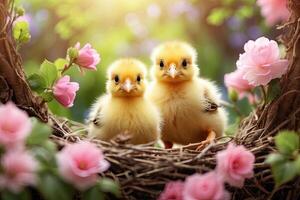 ai gegenereerd schattig pluizig geel kuikens in een voorjaar bloeiend nest van twijgen en bloemen in natuur. voorjaar kaart, voorjaar tijd, kinderen, jeugd. ai gegenereerd foto