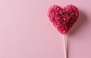 ai gegenereerd rood lolly Aan een stok in de vorm van een hart Aan een roze achtergrond. vakantie, Valentijnsdag dag, liefde. fotorealistisch, achtergrond met bokeh effect. ai gegenereerd. foto