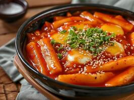 ai gegenereerd tteokbokki Aan de bord Aan houten tafel. oosters keuken. Koreaans schotel in detailopname. fotorealistisch. ai gegenereerd. foto