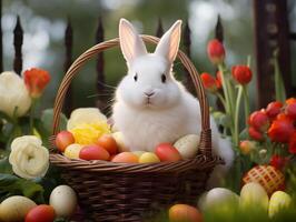 ai gegenereerd Pasen konijn in een mand met gekleurde eieren Aan een achtergrond van voorjaar bloemen. fotorealistisch, achtergrond met bokeh effect. ai gegenereerd. foto