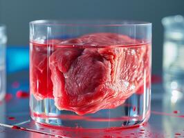 ai gegenereerd in het laboratorium gekweekte vlees. vlees monster in glas kop voor cel cultuur in laboratorium. concept van cultiveren zuiver vlees in vitro. synthetisch vlees gemaakt kunstmatig. fotorealistisch. foto