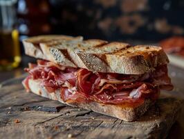 ai gegenereerd belegd broodje met stukken van droog vlees mortadella. Italiaans tussendoortje in detailopname. fotorealistisch, achtergrond met bokeh effect. ai gegenereerd. foto