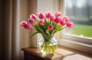 ai gegenereerd boeket van roze tulpen door de venster. lente, vakantie, vakantie met maart 8, moeder dag, verjaardag foto