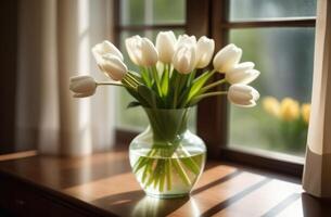 ai gegenereerd boeket van wit tulpen door de venster. lente, vakantie, vakantie met maart 8, moeder dag, verjaardag foto