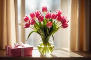 ai gegenereerd boeket van roze tulpen door de venster en geschenk doos. lente, vakantie, maart 8, moeder dag, verjaardag foto