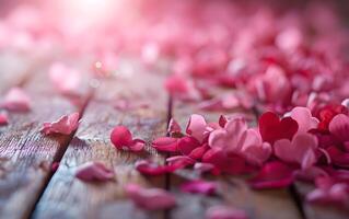 ai gegenereerd Valentijnsdag dag achtergrond met roze bloemblaadjes Aan houten tafel. foto