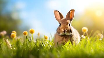 ai gegenereerd schattig weinig konijn in de gras met paardebloemen Aan een zonnig dag. foto