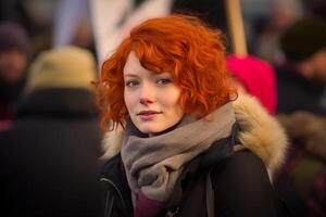 ai gegenereerd portret van een roodharig vrouw Bij een rally Aan stad straten. foto