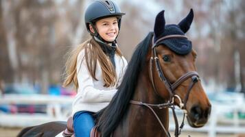 ai gegenereerd de meisje is verloofd in paard rijden. paard rijden lessen. kopiëren ruimte. horizontaal formaat. foto