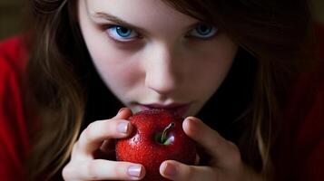 ai gegenereerd een brunette meisje met blauw ogen houdt een helder rood appel in haar handen. portret foto. kopiëren ruimte. horizontaal formaat. foto