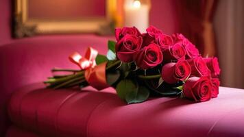 ai gegenereerd rood rozen Aan de tafel geschenk liefde Valentijnsdag dag bruiloft moeder dag kaart foto
