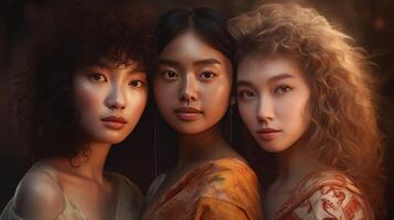 ai gegenereerd portret van drie mooi jong Koreaans Dames met verschillend haar- stijlen in studio foto