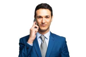 portret van een vrolijk zakenman pratend Aan de telefoon geïsoleerd Aan een wit achtergrond foto