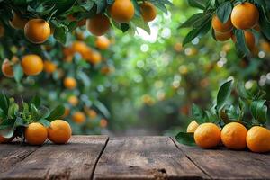 ai gegenereerd leeg hout tafel top met oranje boom in de achtergrond voor producten Scherm foto