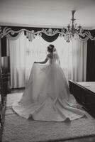 een luxueus bruid met een mooi kapsel en een prachtig jurk is krijgen klaar voor de bruiloft ceremonie in de ochtend. ochtend- foto van de bruid Bij huis of in een hotel kamer. professioneel verzinnen.