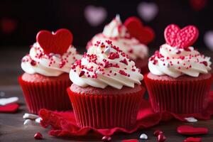 ai gegenereerd een groep van cupcakes met rood glimmertjes en harten foto