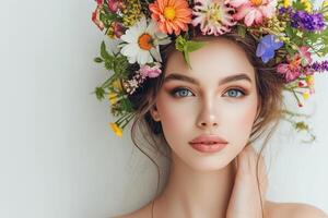 ai gegenereerd schoonheid vrouw portret met krans van bloemen Aan hoofd over- wit achtergrond foto