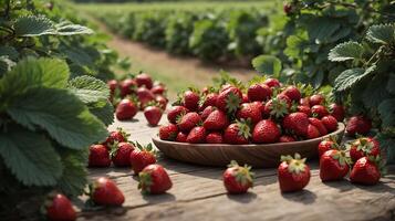 ai gegenereerd heerlijk biologisch aardbeien Aan de tafel in een aardbei boomgaard foto