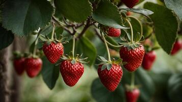 ai gegenereerd een heel dichtbij visie van aardbei Aan een mooi hoor aardbei boom foto