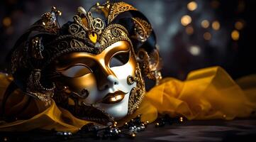 ai gegenereerd mooi gouden carnaval masker Aan een donker achtergrond. foto