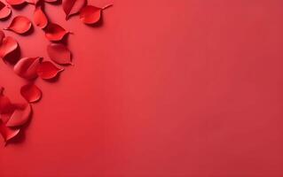 ai gegenereerd rood roos bloemblaadjes Aan een rood achtergrond. Valentijnsdag dag achtergrond. foto