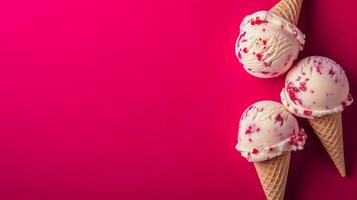 ai gegenereerd zomer aardbei scheppen in wafel kegels foto