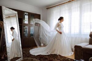 een luxueus bruid met een mooi kapsel en een prachtig jurk is krijgen klaar voor de bruiloft ceremonie in de ochtend. ochtend- foto van de bruid Bij huis of in een hotel kamer. professioneel verzinnen.