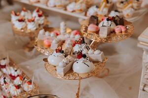 amandel koekjes en divers zoet cakes voor een bruiloft banket. een heerlijk ontvangst, een luxueus ceremonie. tafel met snoepgoed en desserts. heerlijk kleurrijk Frans desserts Aan een bord of tafel. foto