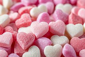 ai gegenereerd zoet valentijn, hart snoepjes in roze foto