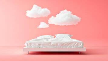 ai gegenereerd dromerig minimalistische slaapkamer, wolk kussens esthetiek foto